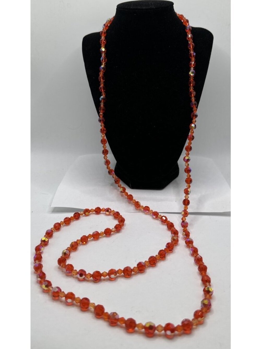 vintage orange faceted glass bead iridescent 54” clasp necklace Flapper